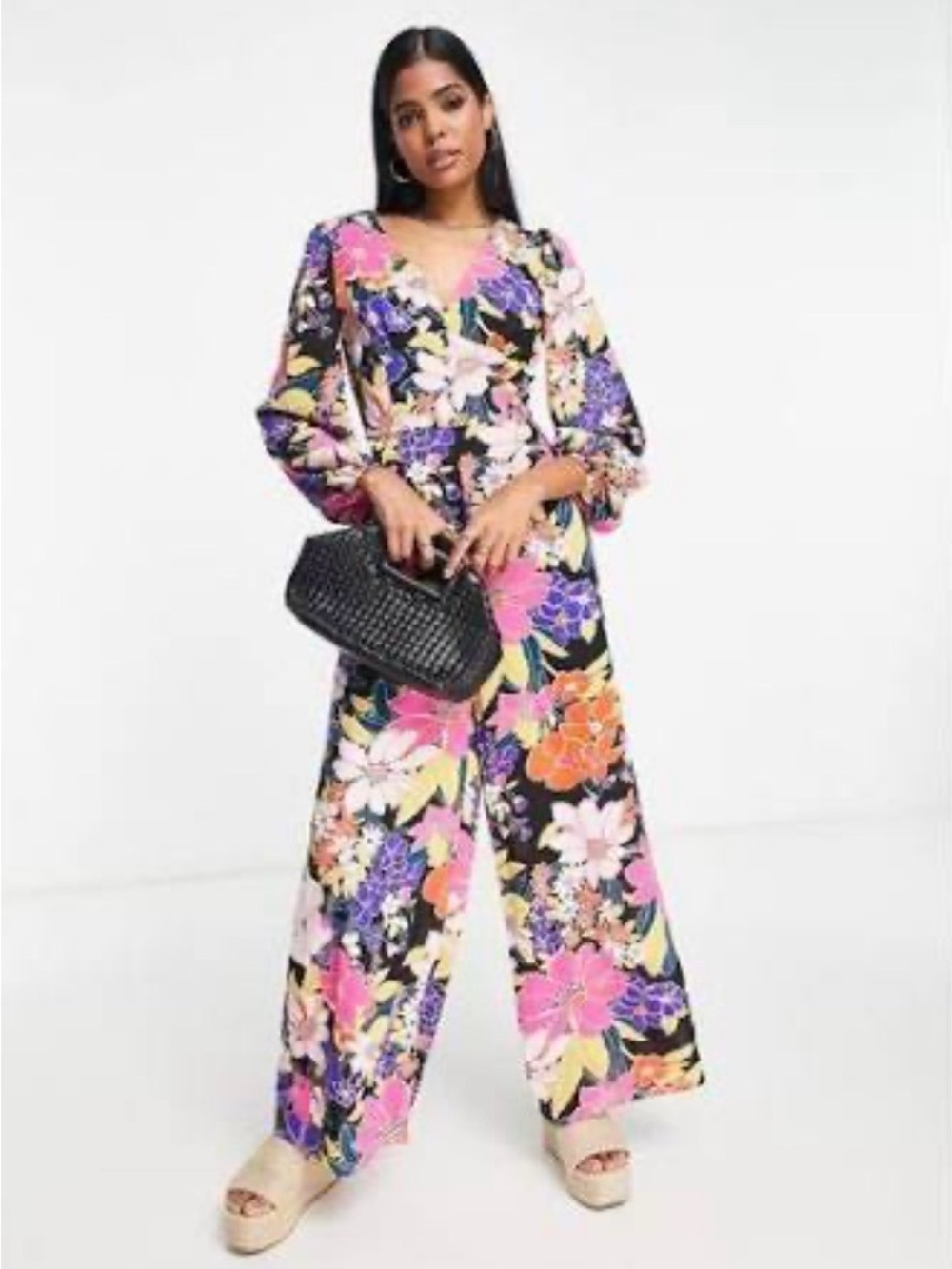 Black Long Sleeve Wide-Leg Jumpsuit Pink & Purple Floral Print Retro Bohemian